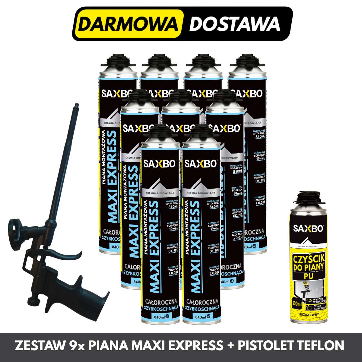 Zestaw Montażowy Expert: 9x Piana SAXBO + Pistolet BLACK TEFLON + Czyścik