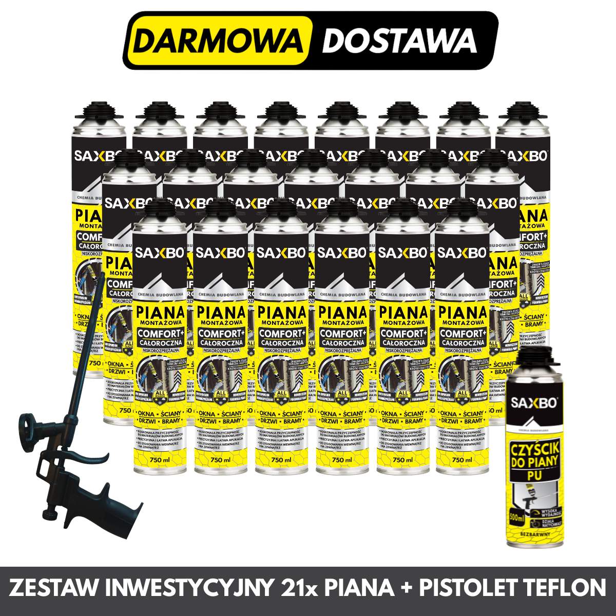 Zestaw Inwestycyjny: 21x Piana Comfort + Pistolet BLACK TEFLON + Czyścik