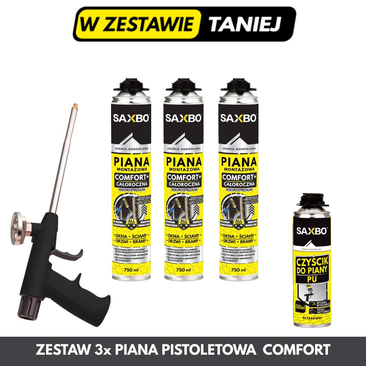 Zestaw 3x Piana Pistoletowa + Pistolet COMFORT GUN + Czyścik