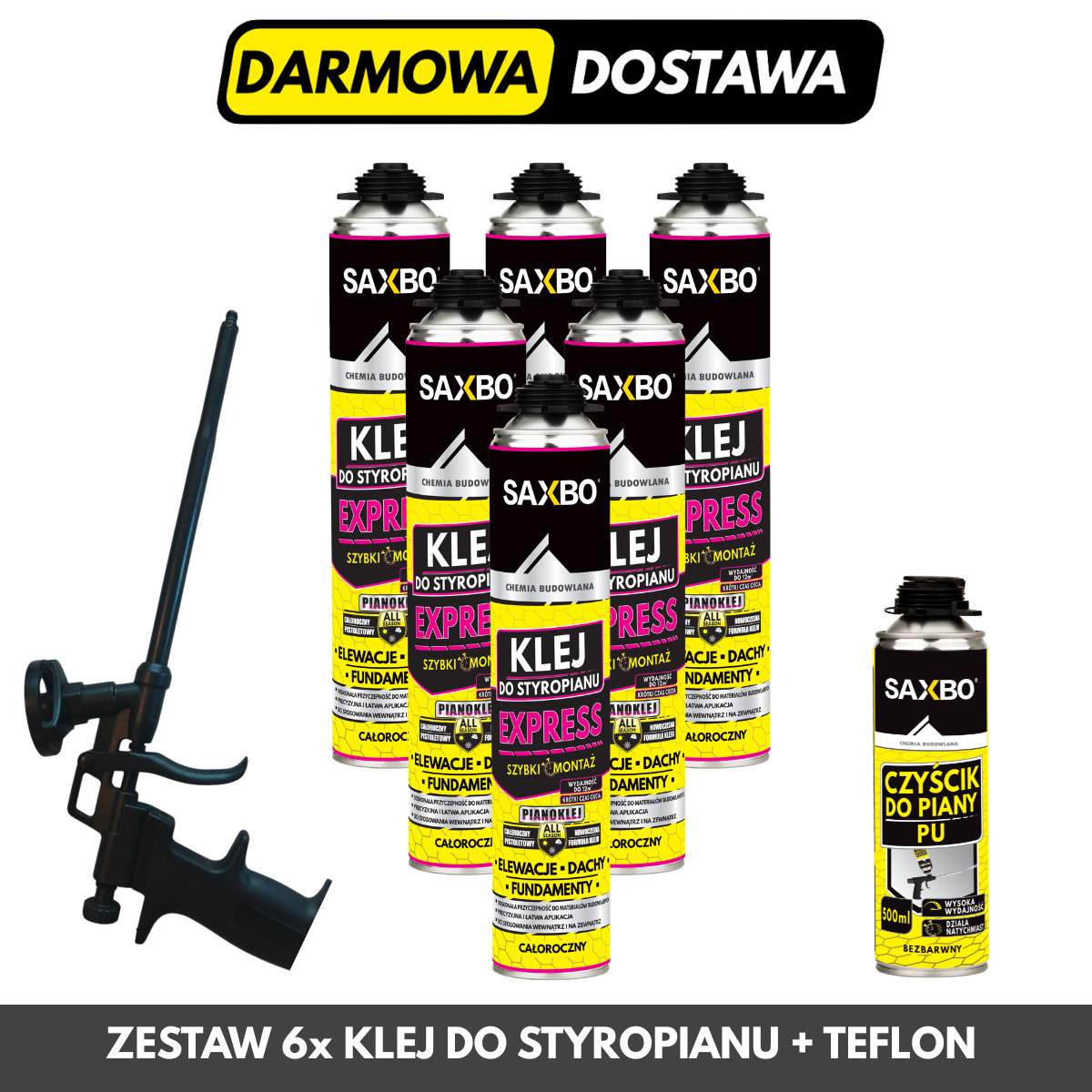 Zestaw 6x Klej do Styropianu + Pistolet BLACK TEFLON + Czyścik