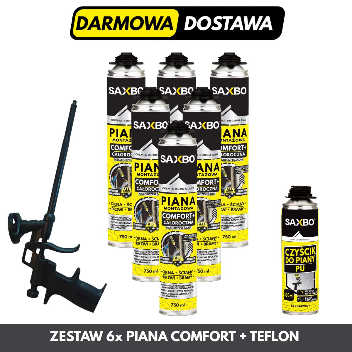 Zestaw Montażowy PRO: 6x Piana Pistoletowa + Pistolet BLACK TEFLON + Czyścik