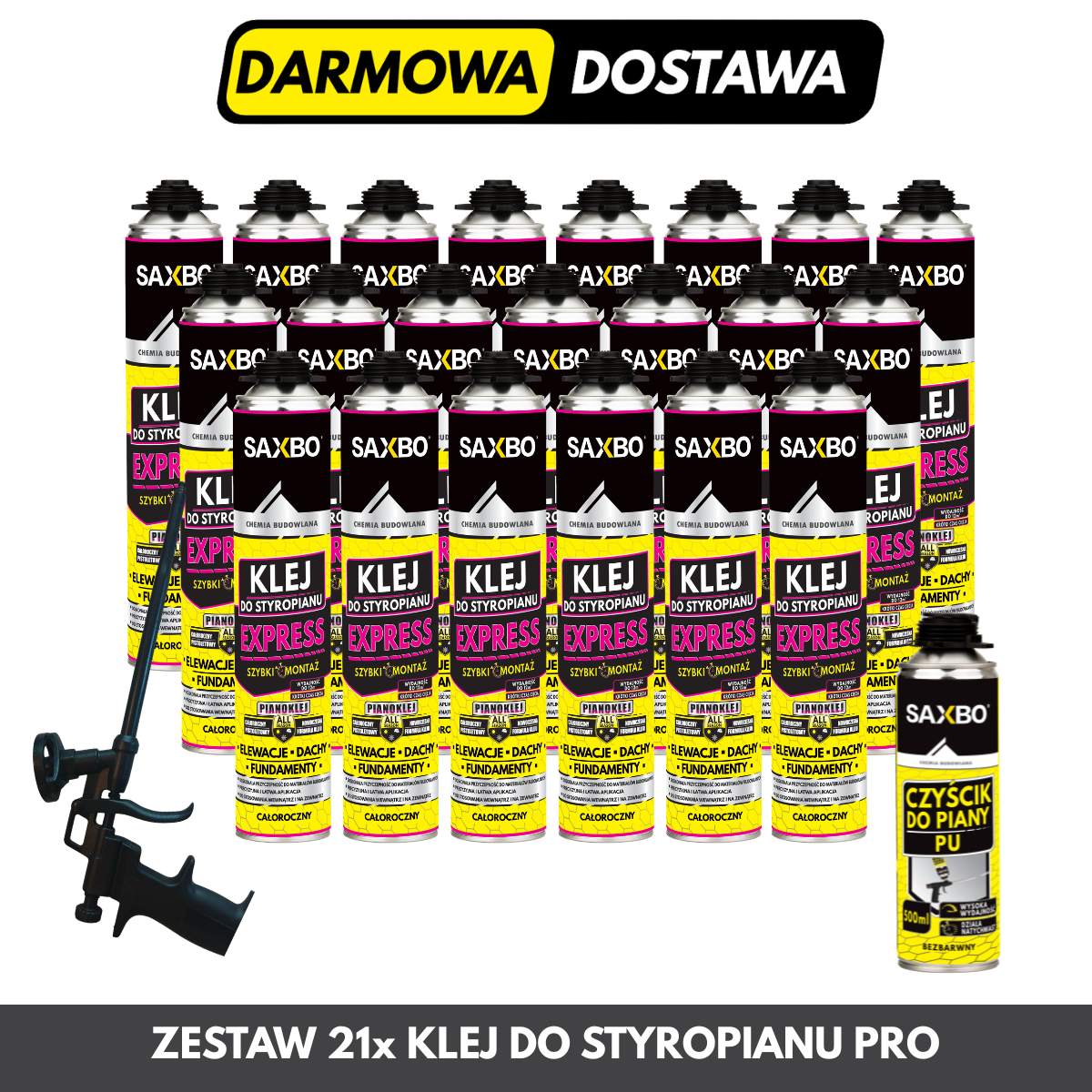 Zestaw 21x Klej do Styropianu PRO + Pistolet BLACK TEFLON + Czyścik