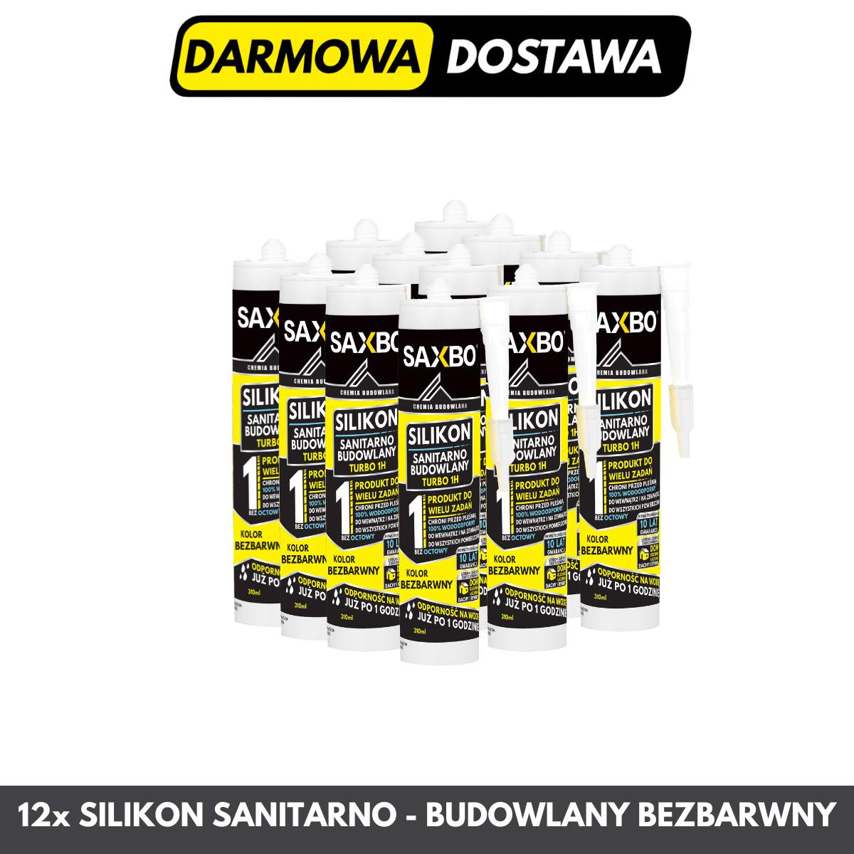 Zestaw 12x Silikon Sanitarno-Budowlany TURBO BEZBARWNY – Pakiet Kartonowy