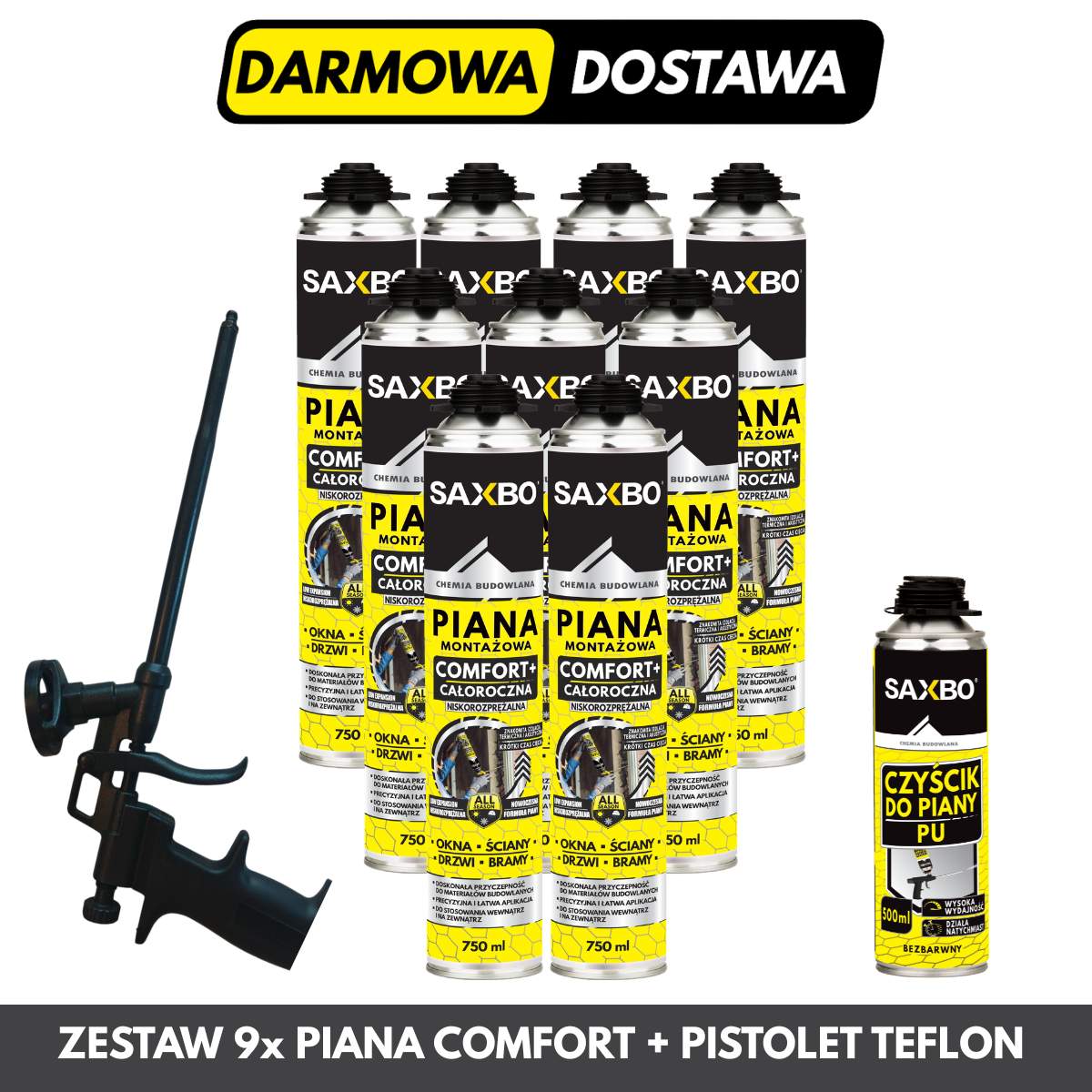 Zestaw Montażowy Expert: 9x Piana Pistoletowa + Pistolet BLACK TEFLON + Czyścik